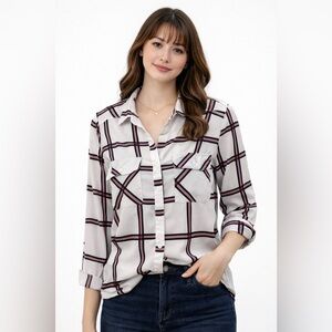 Chic Plaid Button-Up Blouse – White with Black